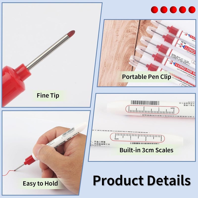 Mkobon 15 Pcs Long Head Deep Hole Marker, 20 mm Long Nose Nib Deep Reach Metal Marking Pen, Quick-drying Waterproof Permanent Pens For Carpenter, Woodworking, Construction (Red) - Image 3